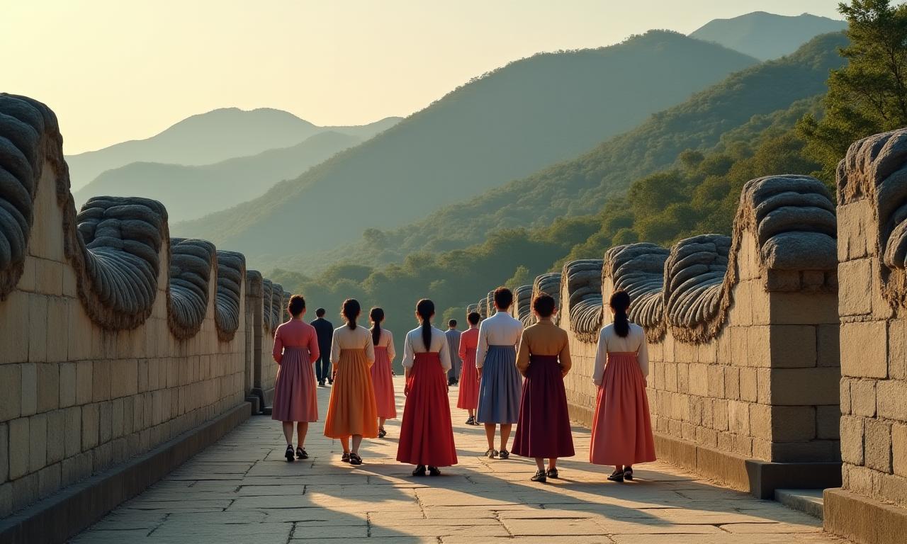 Diverse group exploring historical temple ruins in South Korea